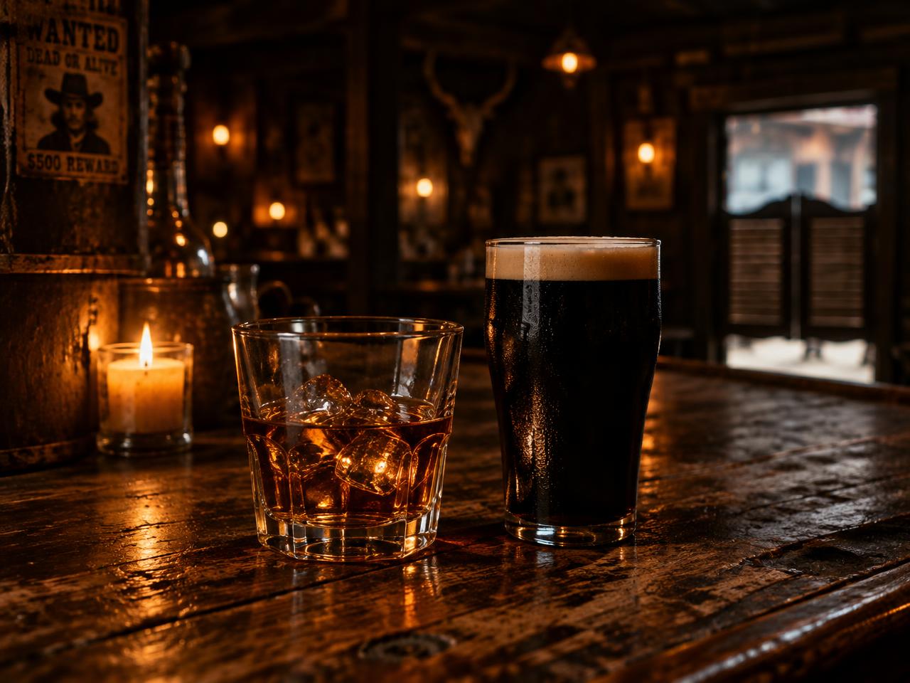 Stimmungsbild: Whiskeyglas und dunkles Bier auf rustikalem Holz